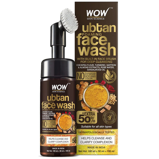 Face Wash- WOW UBTAN Foaming Face Wash Enriched with Chickpea Flour, Turmeri, Saffron, Almond Extracts, Rose Water and Sandalwood Oil 150ml